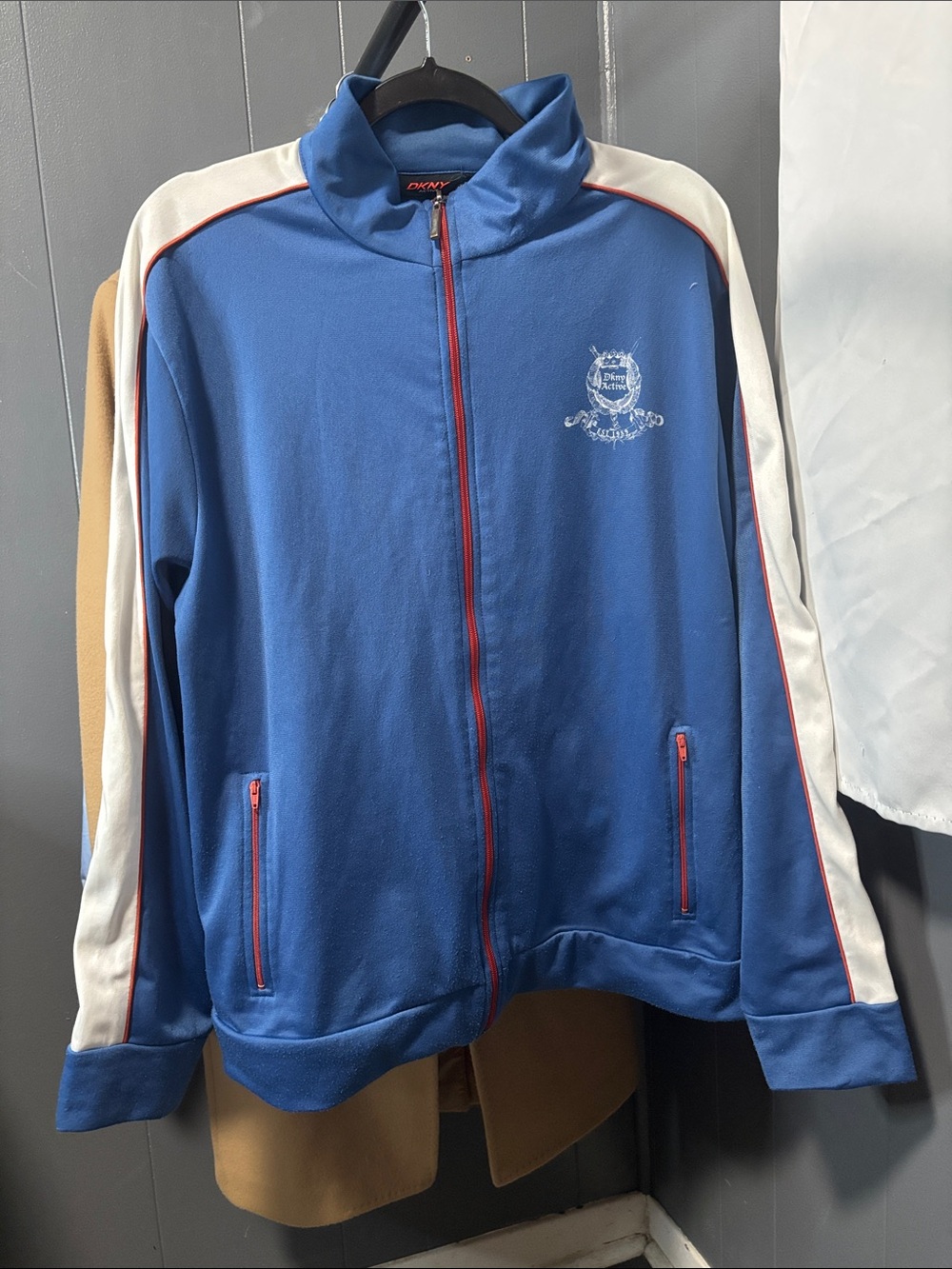 DKNY Blue Track Jacket with White Sleeves and Red Trim Large
